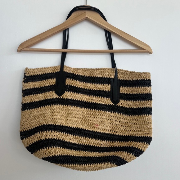 J. CREW Straw Black Striped Tote Shoulder Bag with Leather Strap - Picture 1 of 5